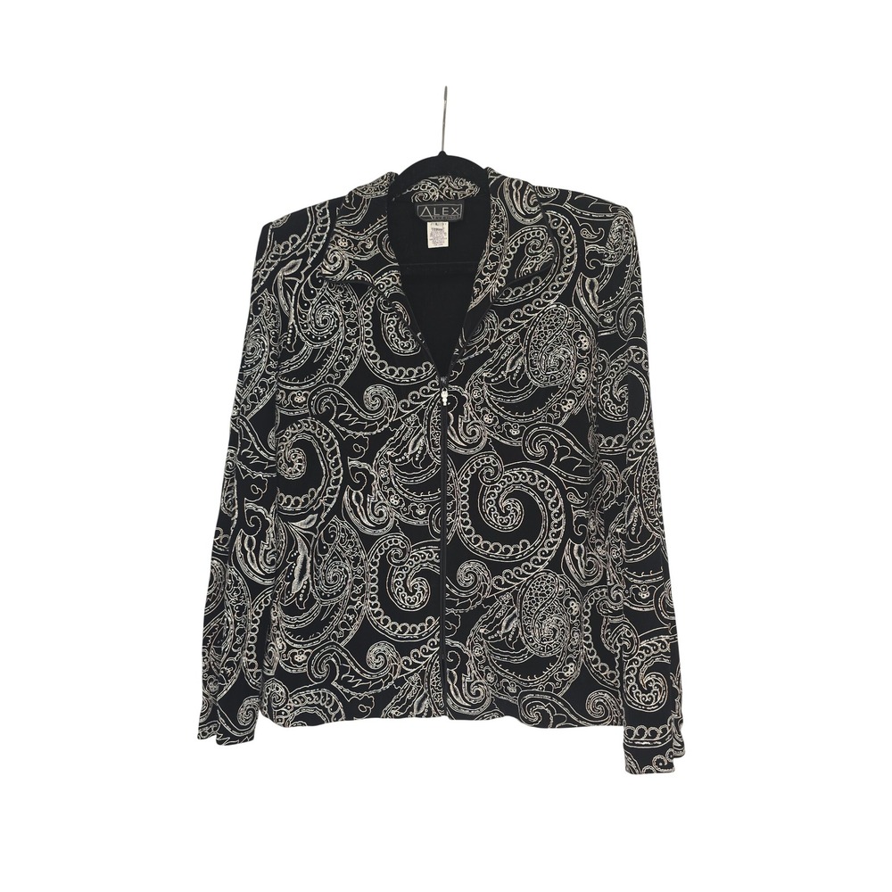 Alex Evenings Womens Black Silver Metallic Paisley Zip Front Jacket Large NWT